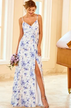 Spaghetti Tiras Azul Floral Imprimir Vestido de Dama de Honra