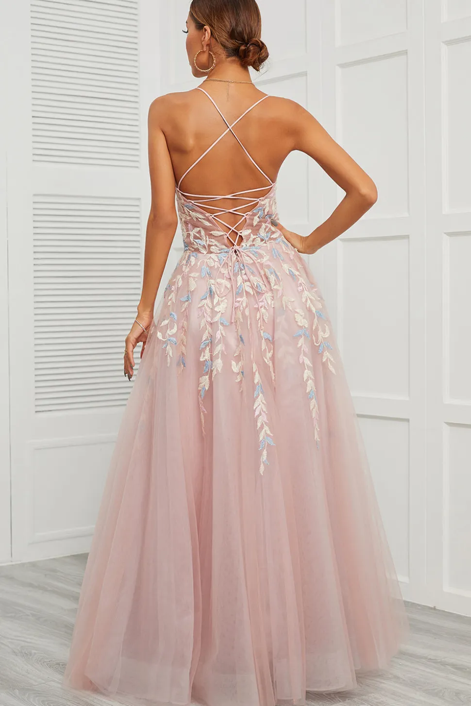 Spaghetti Tiras Rosa Tulle Vestido de Baile