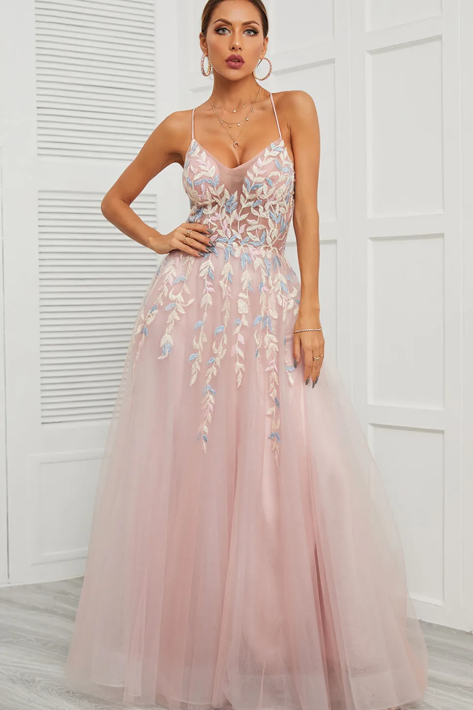 Spaghetti Tiras Rosa Tulle Vestido de Baile