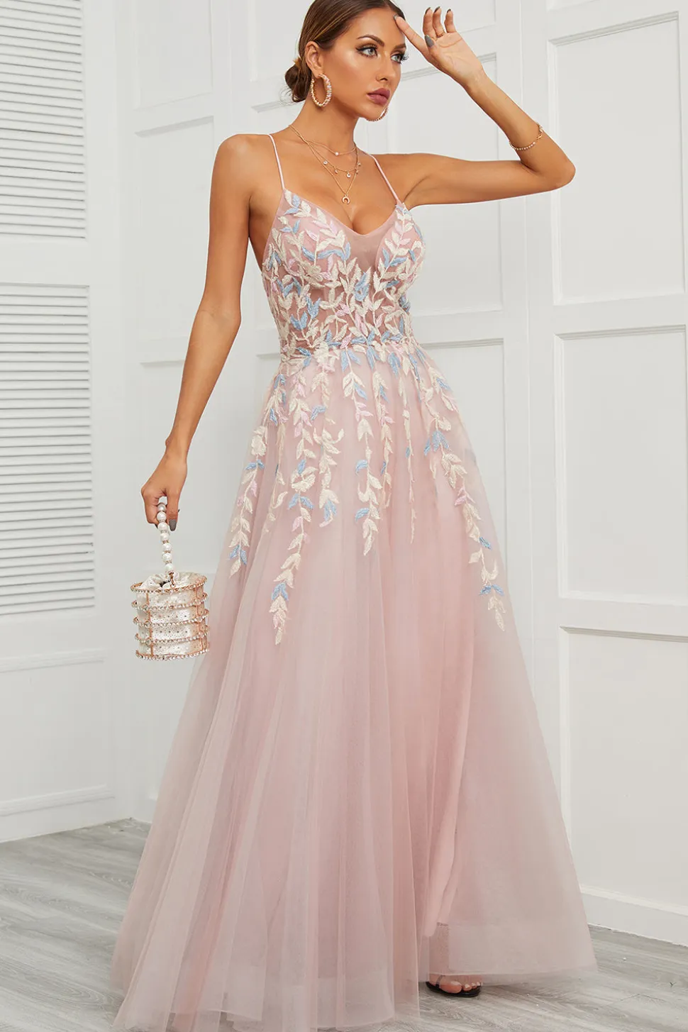 Spaghetti Tiras Rosa Tulle Vestido de Baile