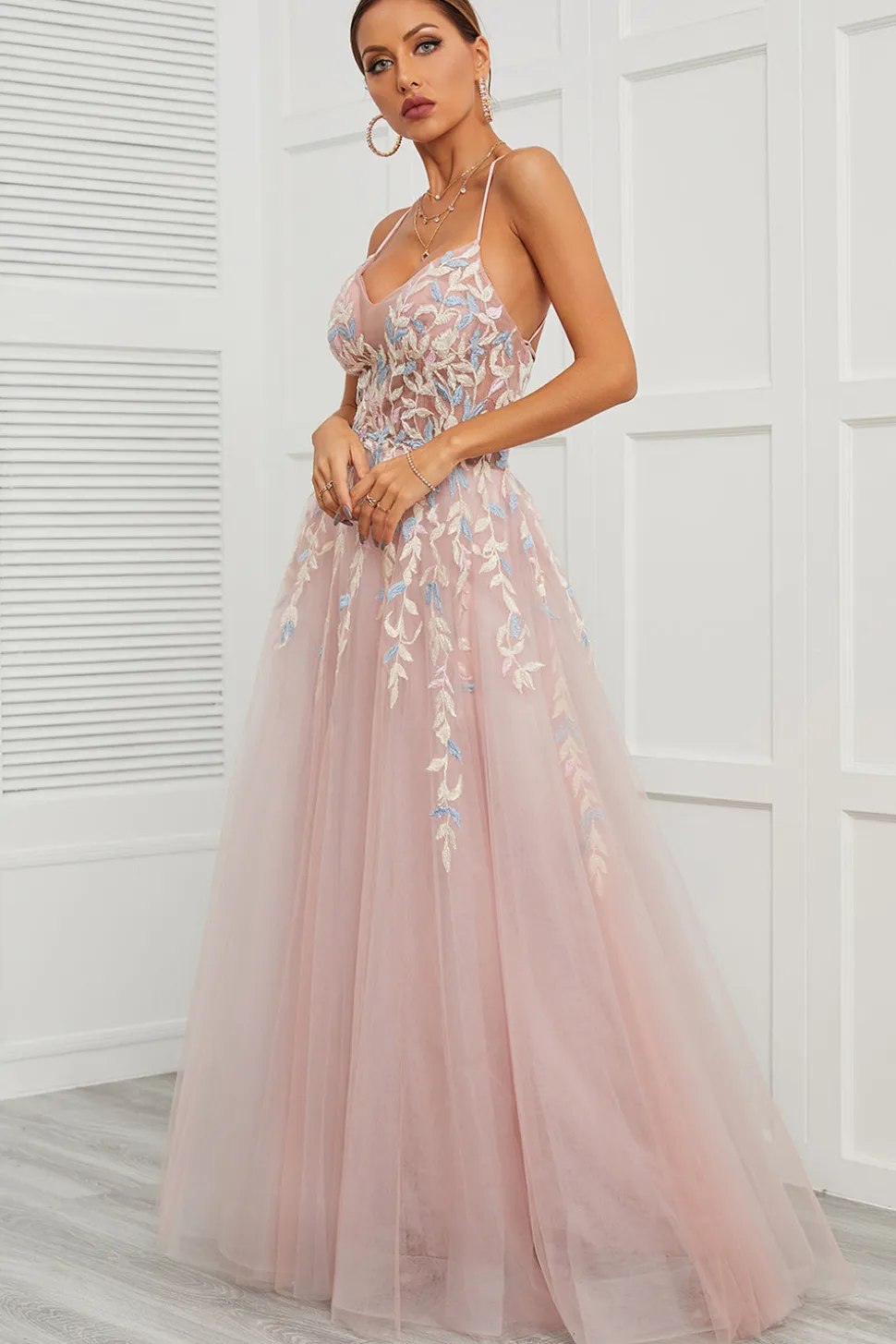 Spaghetti Tiras Rosa Tulle Vestido de Baile