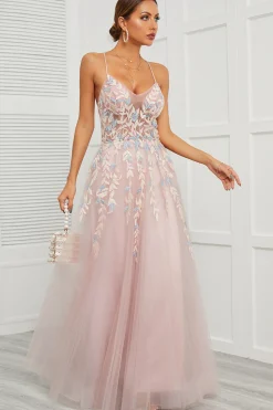 Spaghetti Tiras Rosa Tulle Vestido de Baile