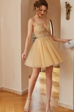 Spaghetti tiras vestido de homecoming com apliques