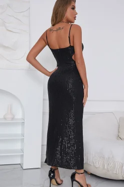Spaghetti Tiras Vestido de baile de lantejoulas pretas com fenda