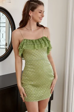 Spaghetti tiras vestido de Cocktail verde com folhos