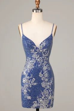Sparkle 'til Dawn Bainha Esparguete Correias Azul Escuro Vestido Curto Homecoming com Bordado
