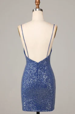 Sparkle 'til Dawn Bainha Esparguete Correias Azul Escuro Vestido Curto Homecoming com Bordado