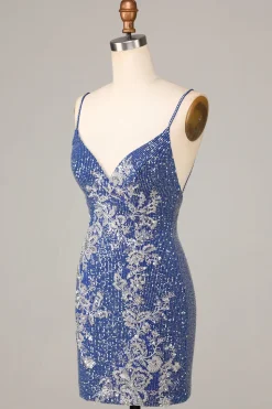 Sparkle 'til Dawn Bainha Esparguete Correias Azul Escuro Vestido Curto Homecoming com Bordado