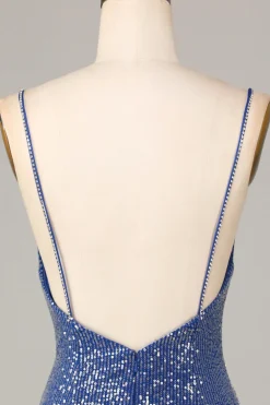 Sparkle 'til Dawn Bainha Esparguete Correias Azul Escuro Vestido Curto Homecoming com Bordado