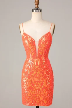Sparkle 'til Dawn Bodycon Esparguete Correias Laranja Sequins Vestido Curto Homecoming