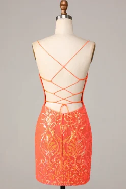Sparkle 'til Dawn Bodycon Esparguete Correias Laranja Sequins Vestido Curto Homecoming