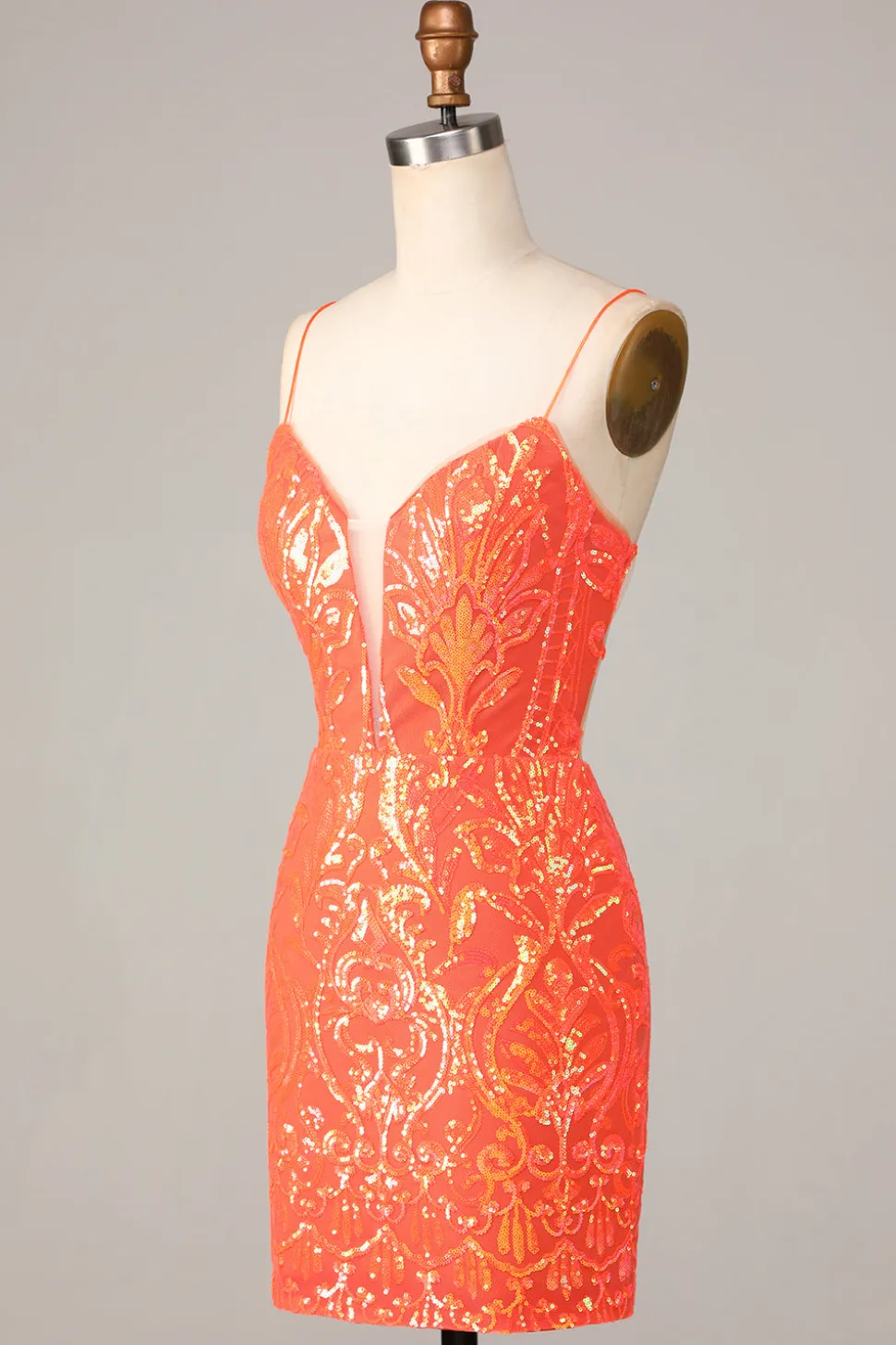 Sparkle 'til Dawn Bodycon Esparguete Correias Laranja Sequins Vestido Curto Homecoming