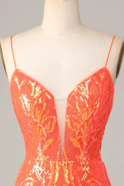 Sparkle 'til Dawn Bodycon Esparguete Correias Laranja Sequins Vestido Curto Homecoming