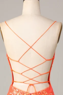 Sparkle 'til Dawn Bodycon Esparguete Correias Laranja Sequins Vestido Curto Homecoming