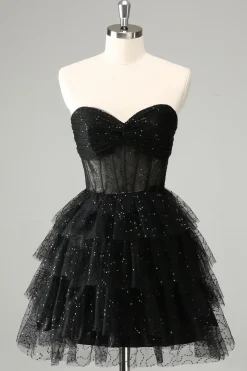 Sparkly A Line Black Sweetheart Tiered Corset Vestido bonito Homecoming