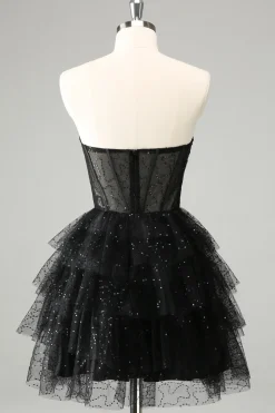 Sparkly A Line Black Sweetheart Tiered Corset Vestido bonito Homecoming