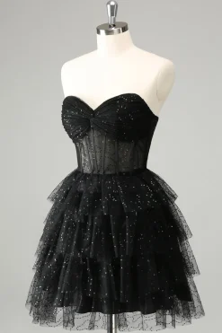 Sparkly A Line Black Sweetheart Tiered Corset Vestido bonito Homecoming
