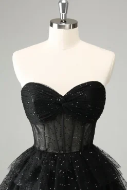 Sparkly A Line Black Sweetheart Tiered Corset Vestido bonito Homecoming
