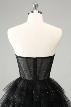 Sparkly A Line Black Sweetheart Tiered Corset Vestido bonito Homecoming