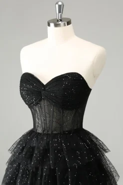 Sparkly A Line Black Sweetheart Tiered Corset Vestido bonito Homecoming
