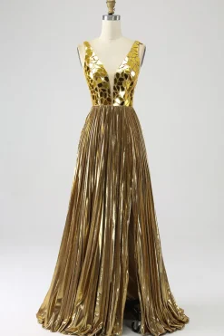 Sparkly A Line Deep V-Neck Golden Long Prom Dress com Split Front