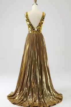 Sparkly A Line Deep V-Neck Golden Long Prom Dress com Split Front