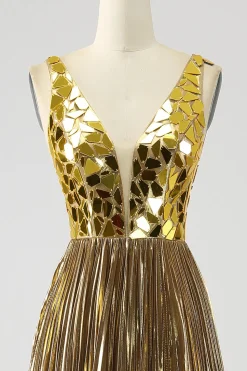 Sparkly A Line Deep V-Neck Golden Long Prom Dress com Split Front