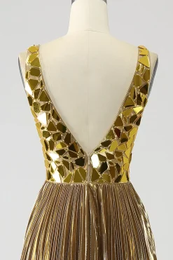 Sparkly A Line Deep V-Neck Golden Long Prom Dress com Split Front