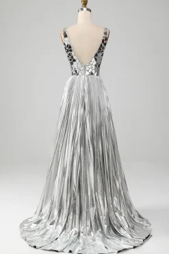 Sparkly A Line Deep V-Neck Golden Long Prom Dress com Split Front