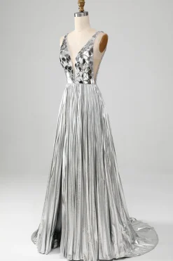 Sparkly A Line Deep V-Neck Golden Long Prom Dress com Split Front