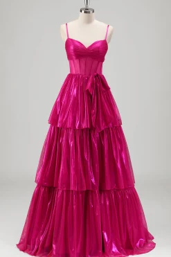 Sparkly A Line Fuchsia Corset Tiered Spaghetti Straps Vestido de baile metálico