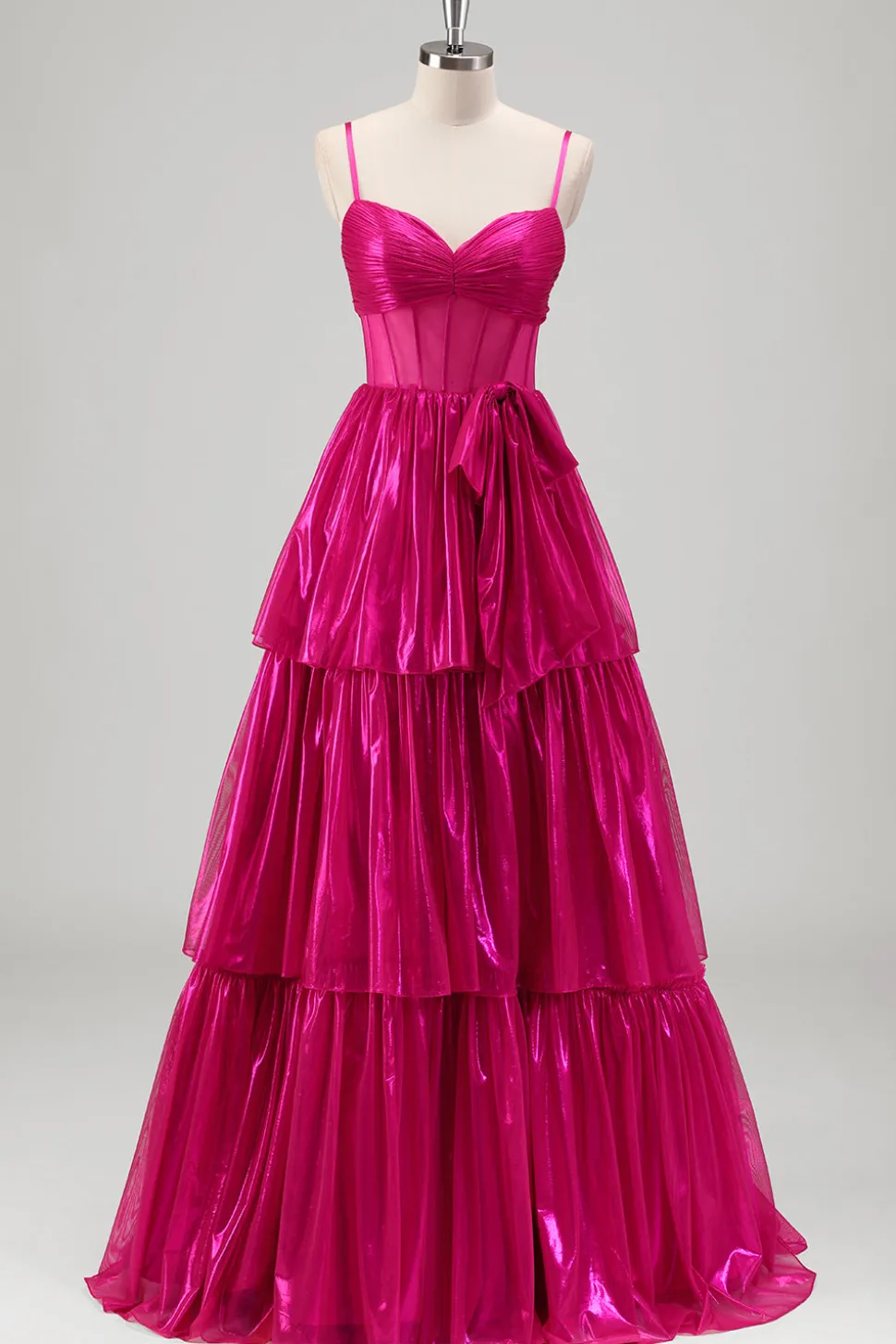 Sparkly A Line Fuchsia Corset Tiered Spaghetti Straps Vestido de baile metálico