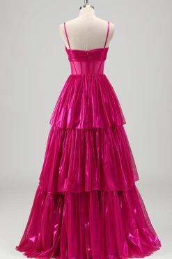 Sparkly A Line Fuchsia Corset Tiered Spaghetti Straps Vestido de baile metálico
