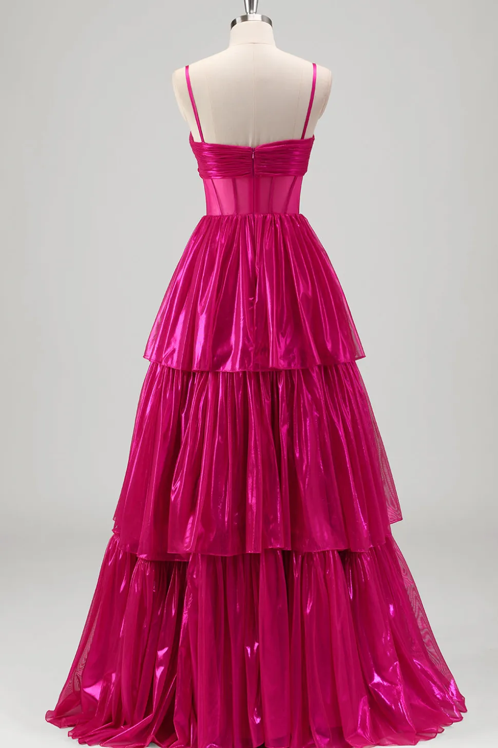 Sparkly A Line Fuchsia Corset Tiered Spaghetti Straps Vestido de baile metálico