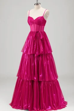 Sparkly A Line Fuchsia Corset Tiered Spaghetti Straps Vestido de baile metálico