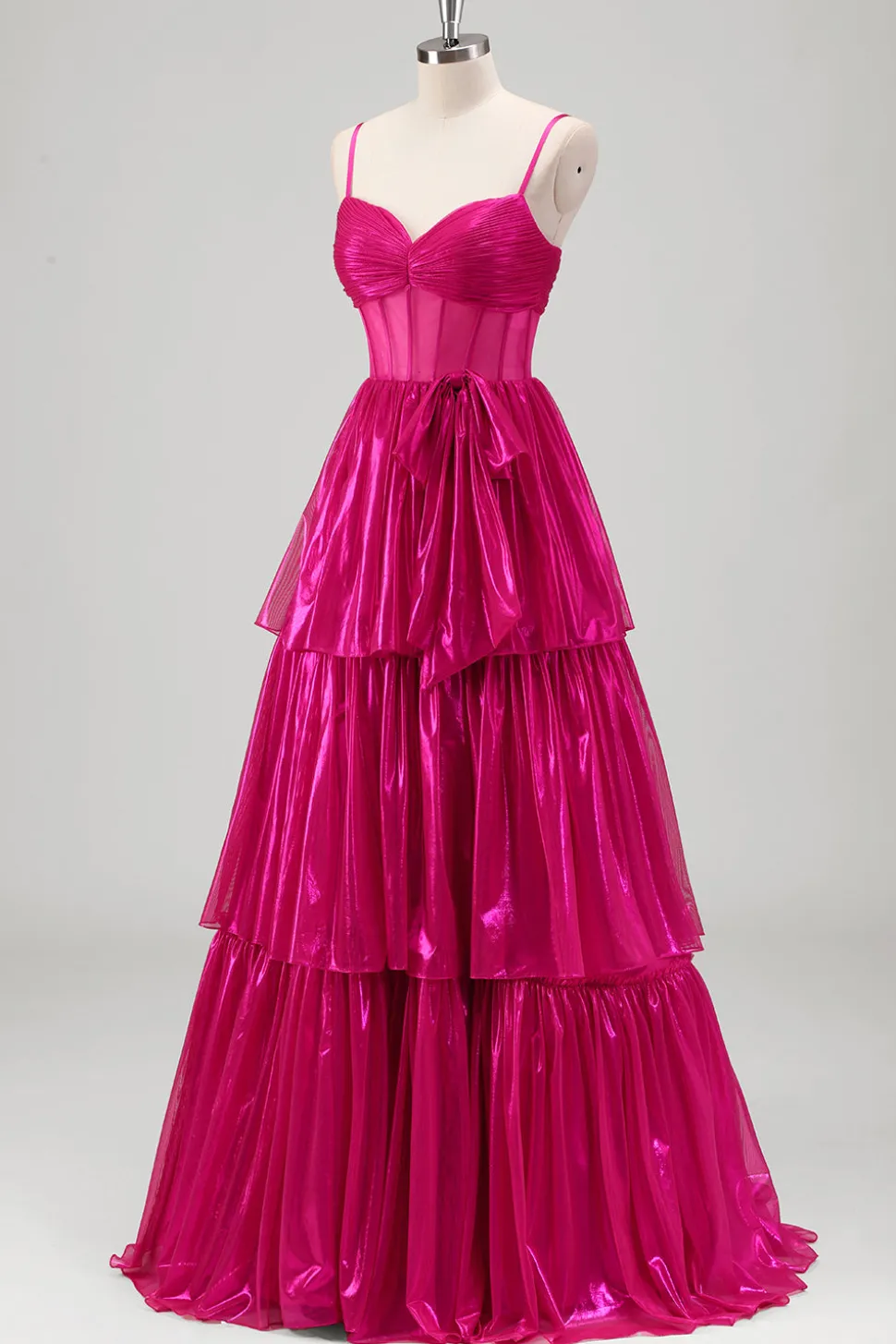 Sparkly A Line Fuchsia Corset Tiered Spaghetti Straps Vestido de baile metálico