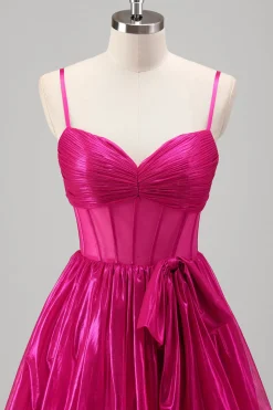 Sparkly A Line Fuchsia Corset Tiered Spaghetti Straps Vestido de baile metálico