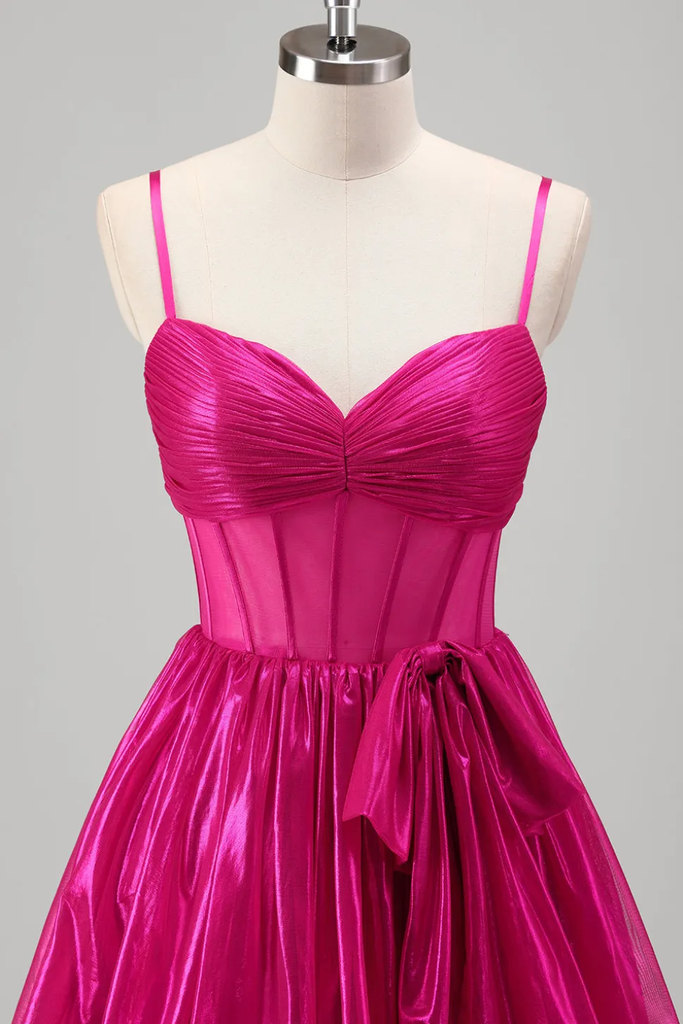 Sparkly A Line Fuchsia Corset Tiered Spaghetti Straps Vestido de baile metálico