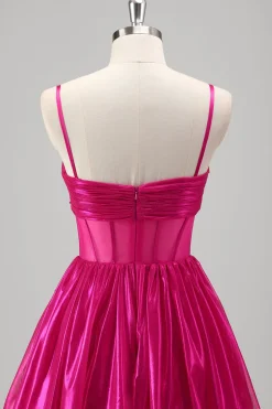 Sparkly A Line Fuchsia Corset Tiered Spaghetti Straps Vestido de baile metálico