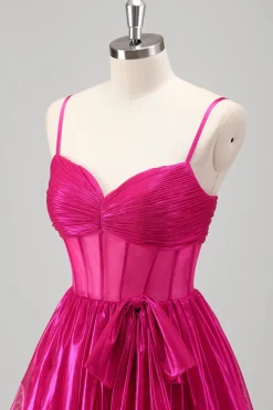 Sparkly A Line Fuchsia Corset Tiered Spaghetti Straps Vestido de baile metálico