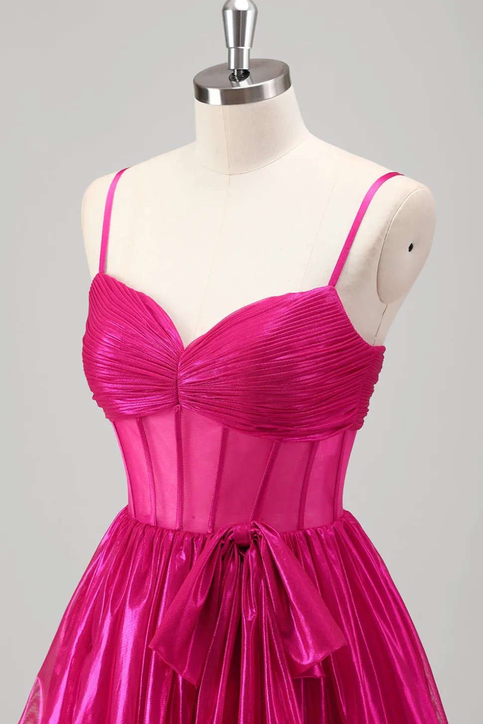 Sparkly A Line Fuchsia Corset Tiered Spaghetti Straps Vestido de baile metálico