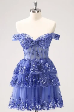Sparkly A Line Off the Shoulder Dark Blue Corset Homecoming Dress com Folhos