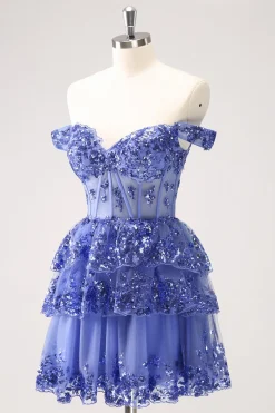 Sparkly A Line Off the Shoulder Dark Blue Corset Homecoming Dress com Folhos