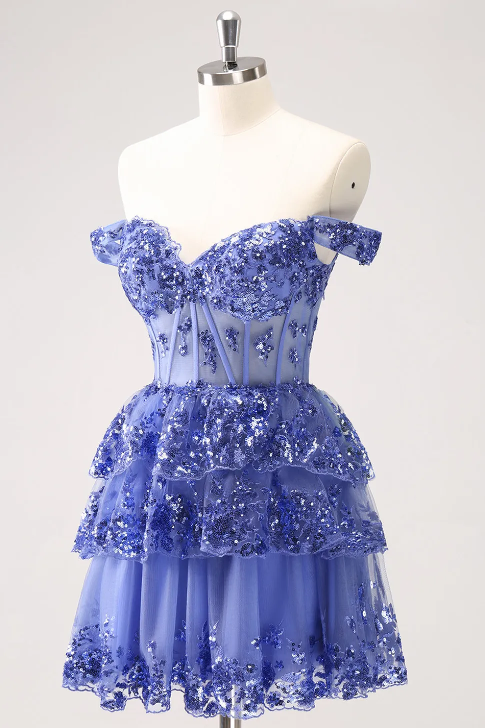 Sparkly A Line Off the Shoulder Dark Blue Corset Homecoming Dress com Folhos