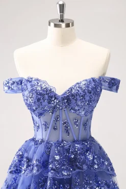 Sparkly A Line Off the Shoulder Dark Blue Corset Homecoming Dress com Folhos
