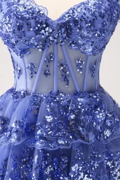Sparkly A Line Off the Shoulder Dark Blue Corset Homecoming Dress com Folhos