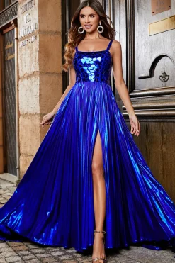 Sparkly A Line Royal Blue Long Prom Dress com Criss Cross Back