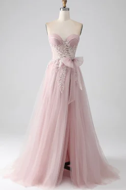 Sparkly A Line Strapless Tulle Prom Dress com arco
