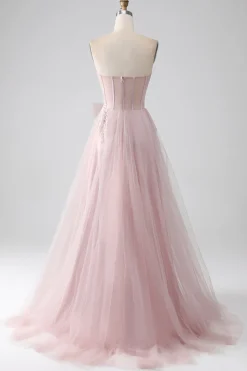 Sparkly A Line Strapless Tulle Prom Dress com arco