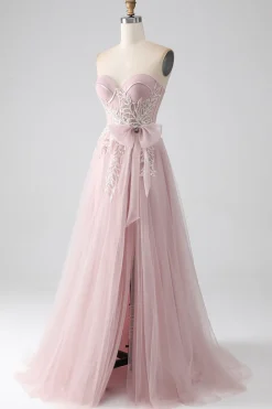 Sparkly A Line Strapless Tulle Prom Dress com arco